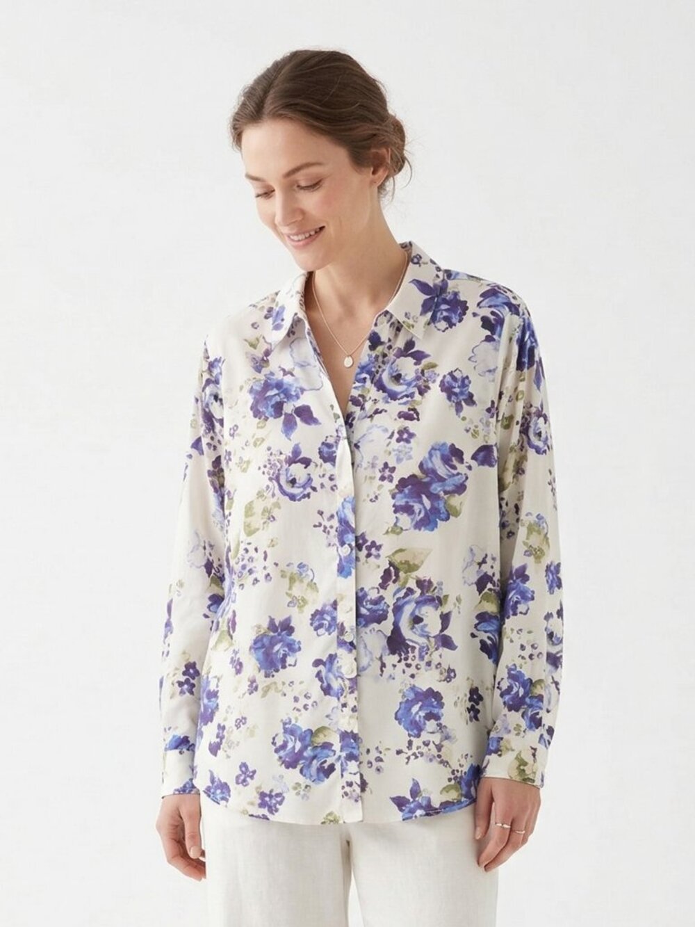 Chico's Blouse Ivory Purple Floral Button Up Cottage Boho Casual NO Iron 2 (L) - Picture 9 of 9